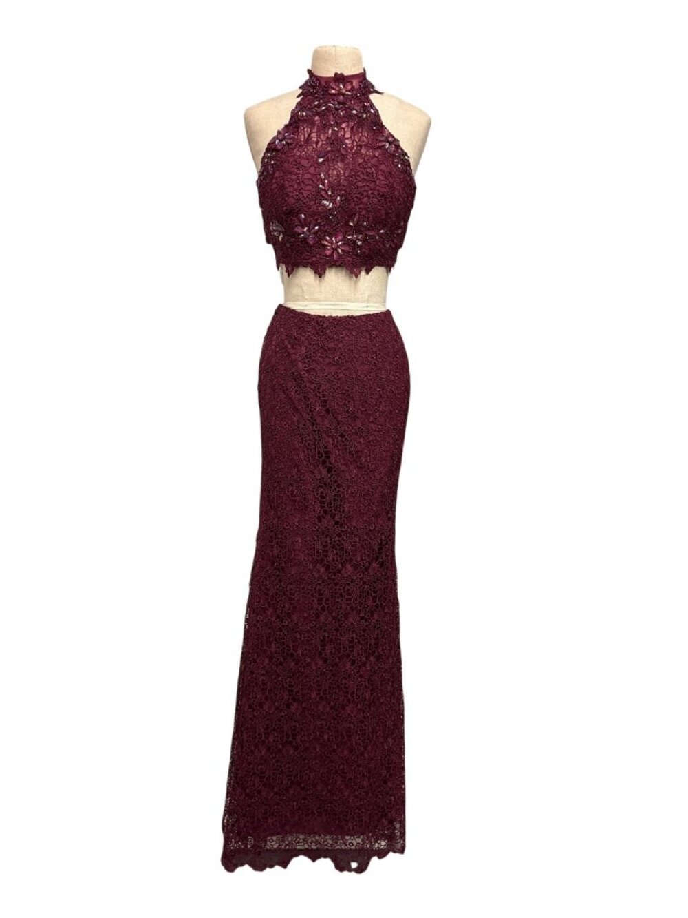 Alyce Burgundy Lace Two-Piece Formal Gown With Embellished Halter Crop Top Size